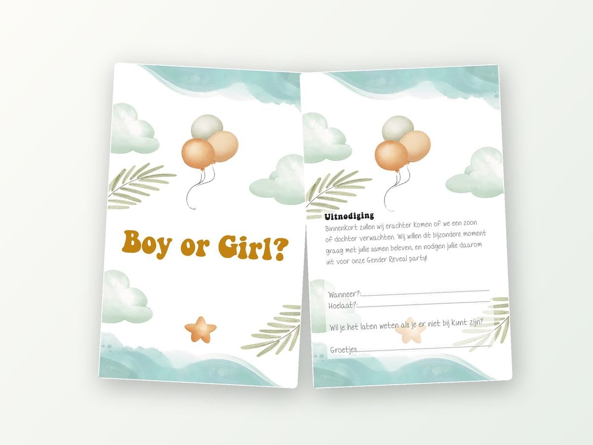 Gender reveal uitnodigingen met envelop, 16 stuks (botanisch groen)