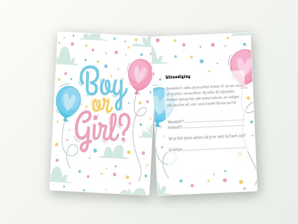 Gender reveal uitnodigingen met envelop, 16 stuks (ballonnen)