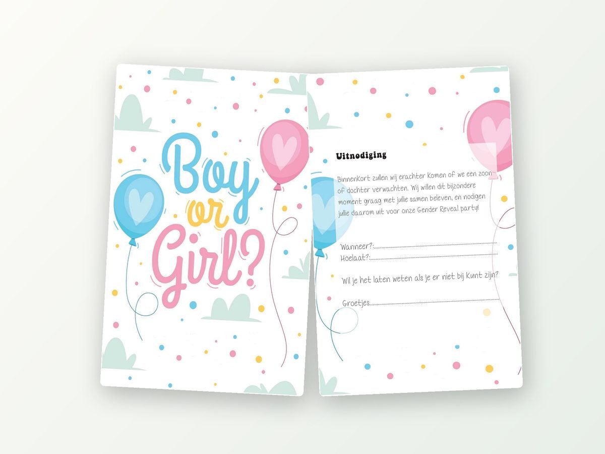 Gender reveal uitnodigingen met envelop, 16 stuks (ballonnen)