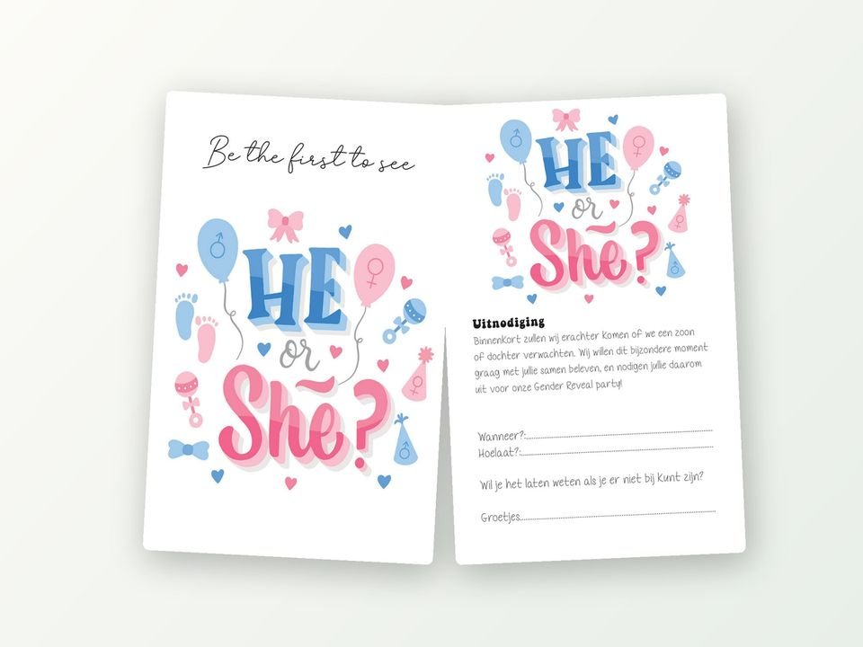 Gender reveal uitnodigingen met envelop, 16 stuks (He or She)