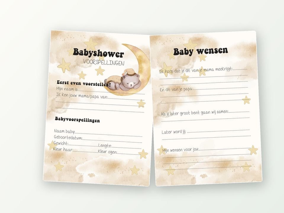 Babyshower invulkaarten A5, 20 stuks (beertje op maan)