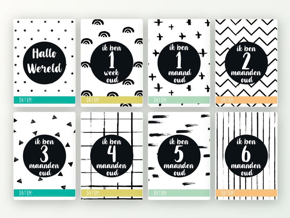 Milestone kaarten baby, 24 stuks A5 (zwart-wit)