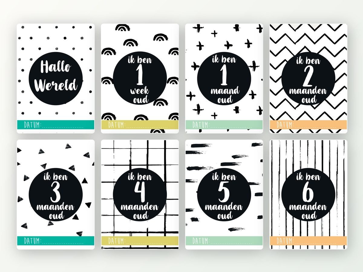 Milestone kaarten baby, 24 stuks A5 (zwart-wit)