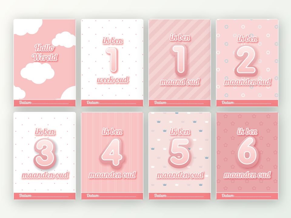 Milestone kaarten baby, 24 stuks A5 (roze)