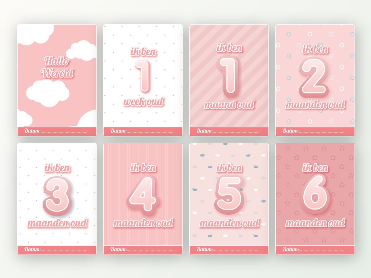 Milestone kaarten baby, 24 stuks A5 (roze)