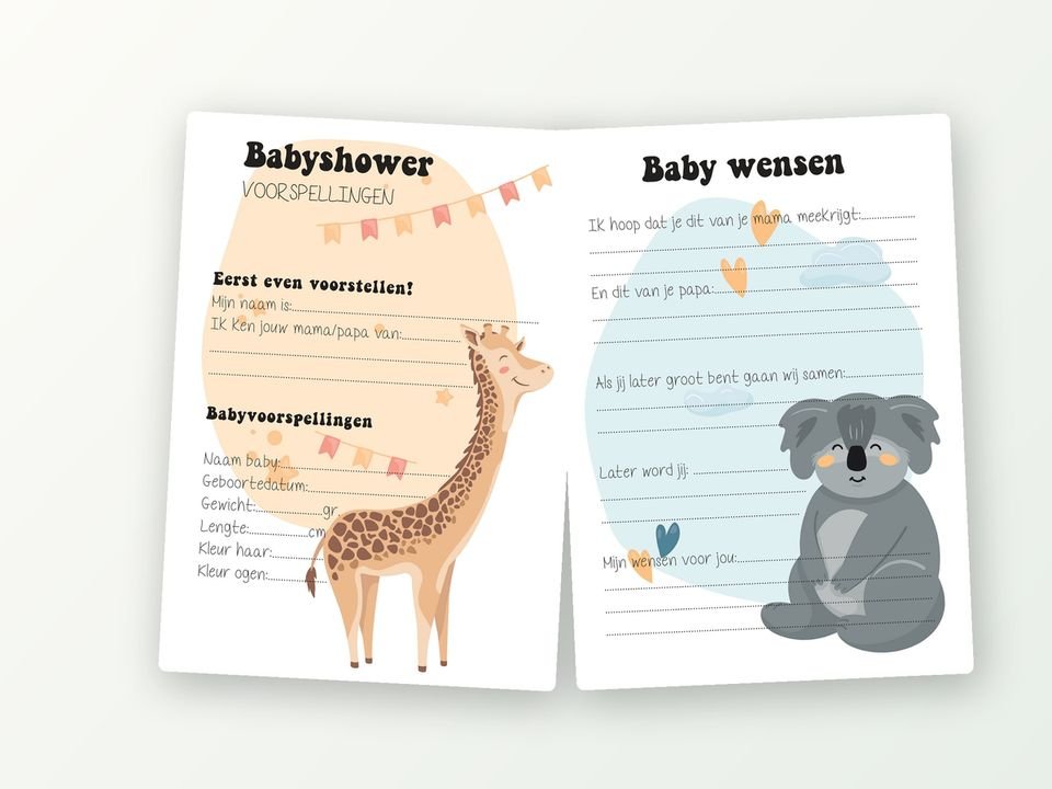 Babyshower invulkaarten A5, 20 stuks (giraf & koala)