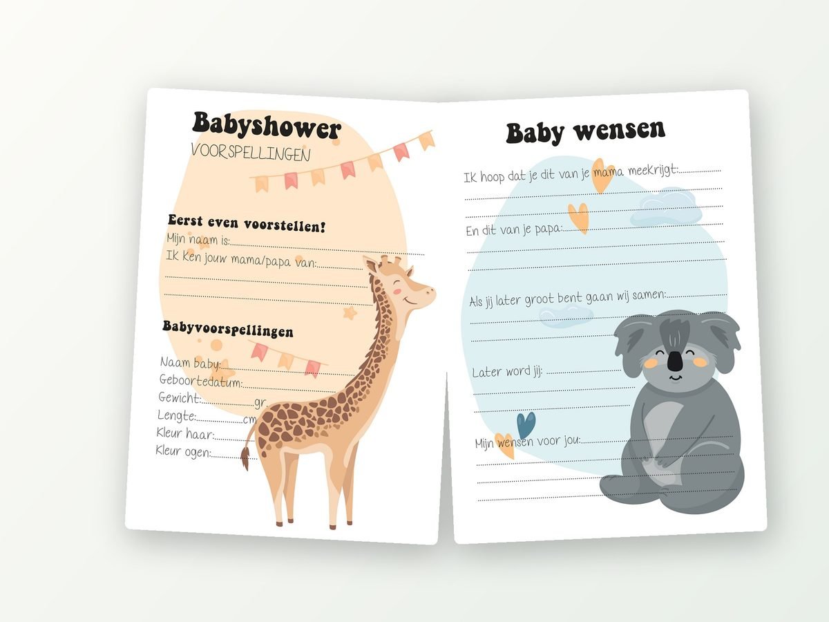 Babyshower invulkaarten A5, 20 stuks (giraf & koala)
