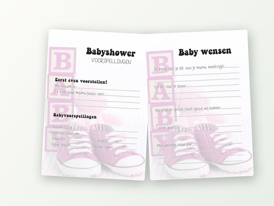 Babyshower invulkaarten A5, 20 stuks (roze, babyblokken)