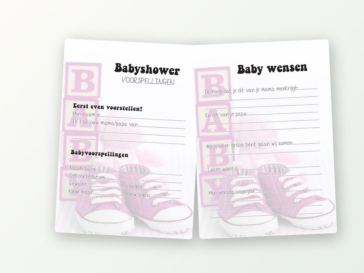 Babyshower invulkaarten A5, 20 stuks (roze, babyblokken)