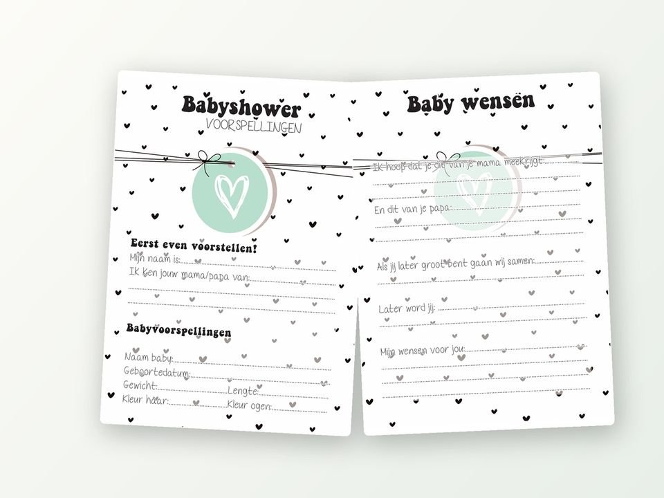 Babyshower invulkaarten A5, 20 stuks (zwart-wit hartjes)