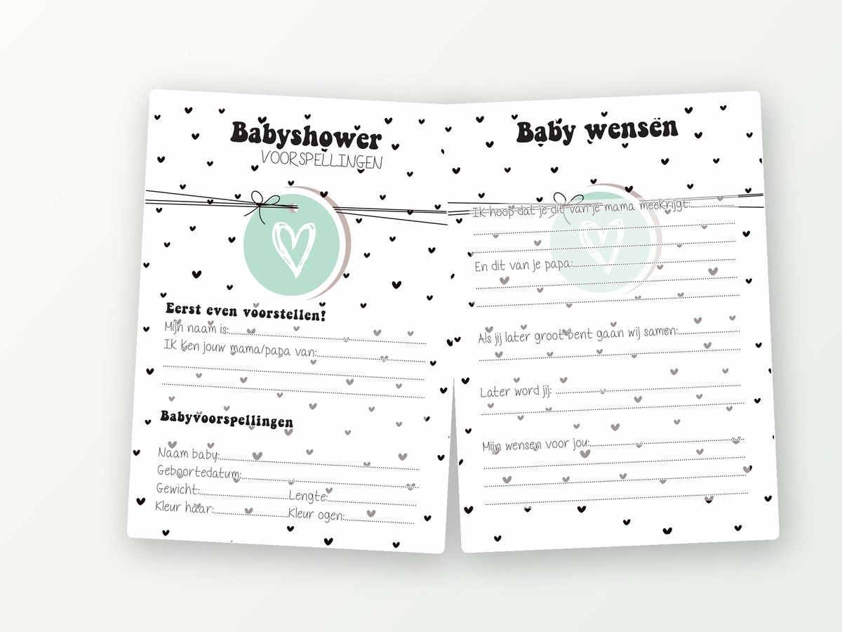 Babyshower invulkaarten A5, 20 stuks (zwart-wit hartjes)