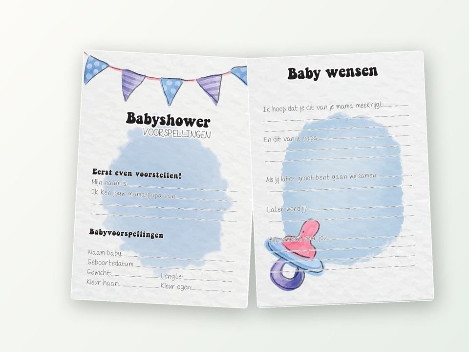 Babyshower invulkaarten A5, 20 stuks (blauw, slingers)