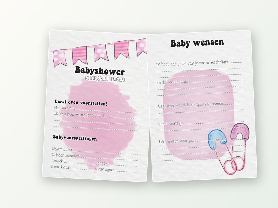 Babyshower invulkaarten A5, 20 stuks (roze, slingers)