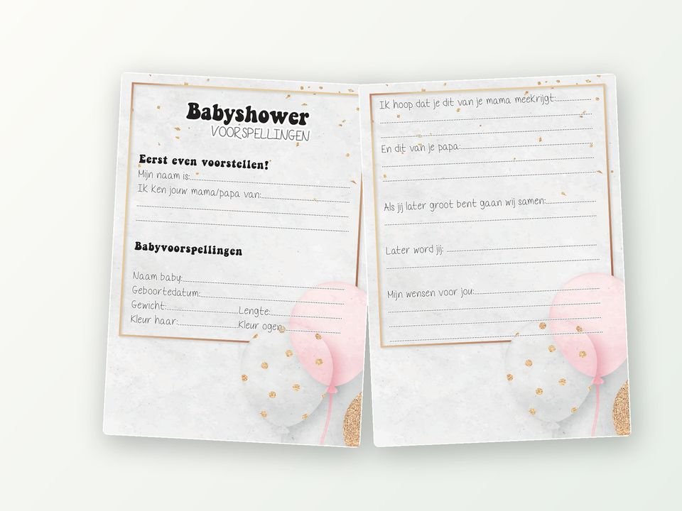 Babyshower invulkaarten A5, 20 stuks (roze & goud)
