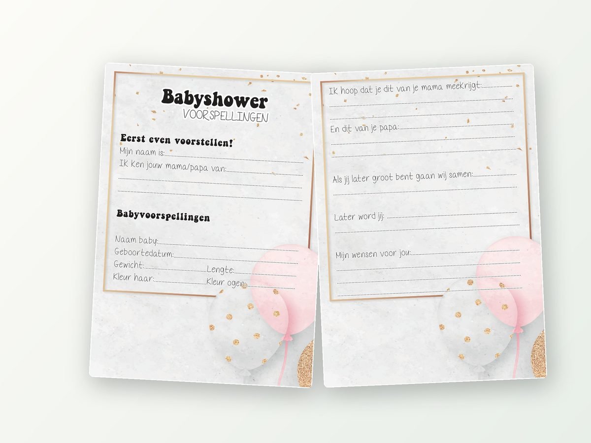 Babyshower invulkaarten A5, 20 stuks (roze & goud)