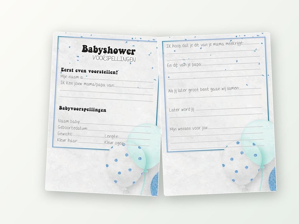 Babyshower invulkaarten A5, 20 stuks (mint ballonnen)