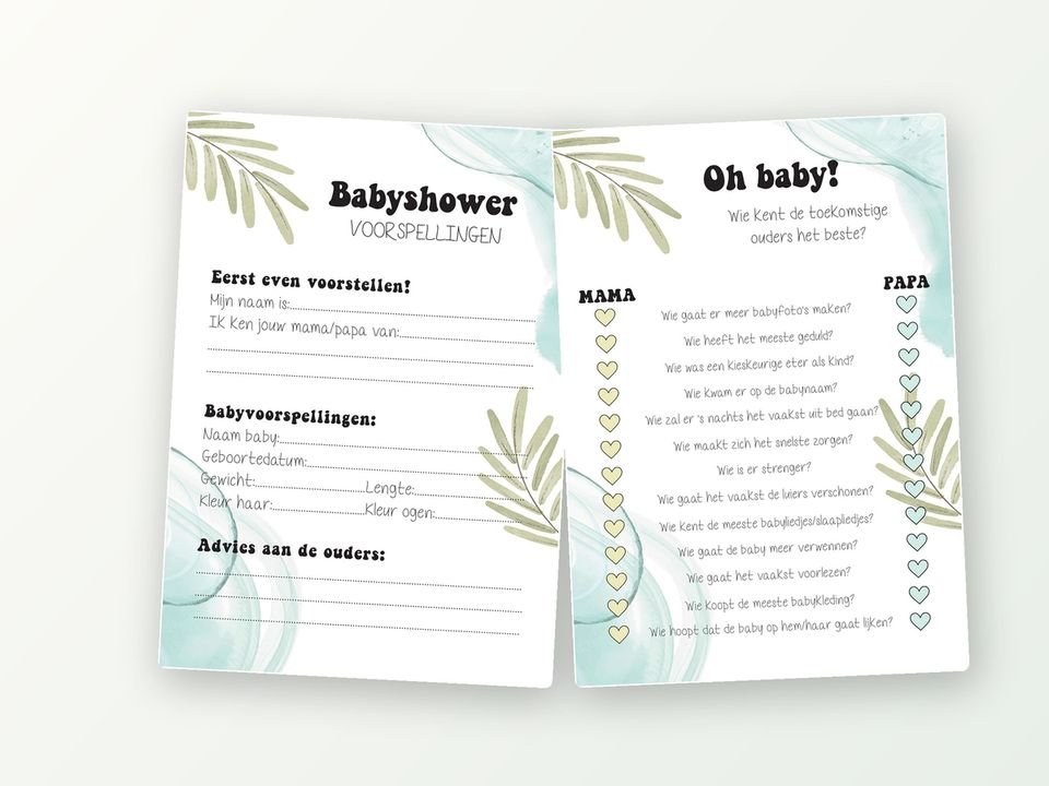 Babyshower quiz kaartjes A5, 20 stuks (eucalyptus)