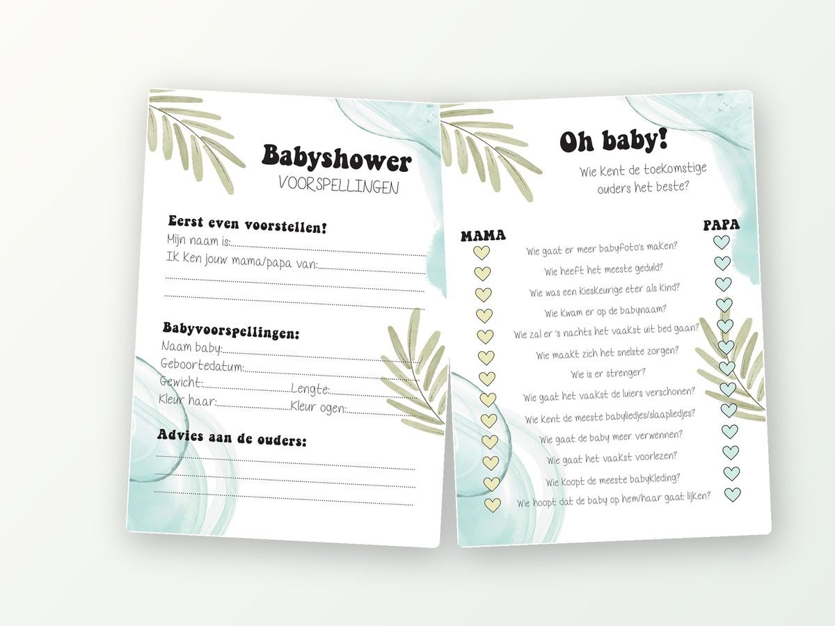 Babyshower quiz kaartjes A5, 20 stuks (eucalyptus)