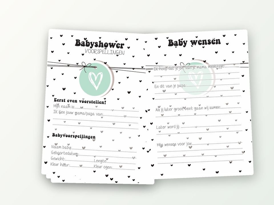 Babyshower invulkaarten XL, 2x20 A5 (zwart-wit hartjes)