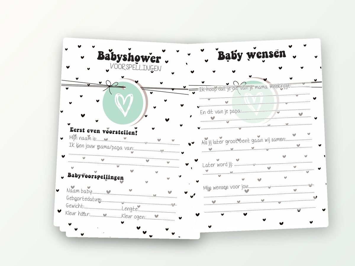 Babyshower invulkaarten XL, 2x20 A5 (zwart-wit hartjes)
