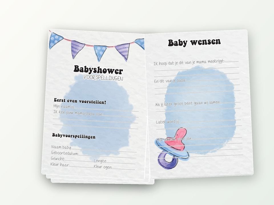 Babyshower invulkaarten XL, 2x20 A5 (blauw, slingers)