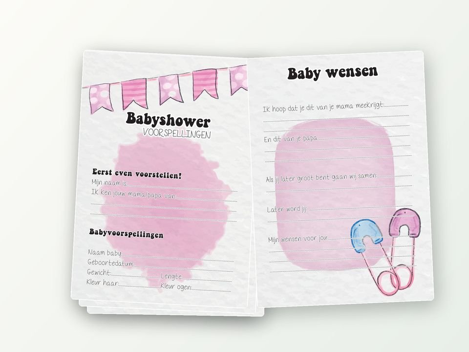 Babyshower invulkaarten XL, 2x20 A5 (roze, slingers)