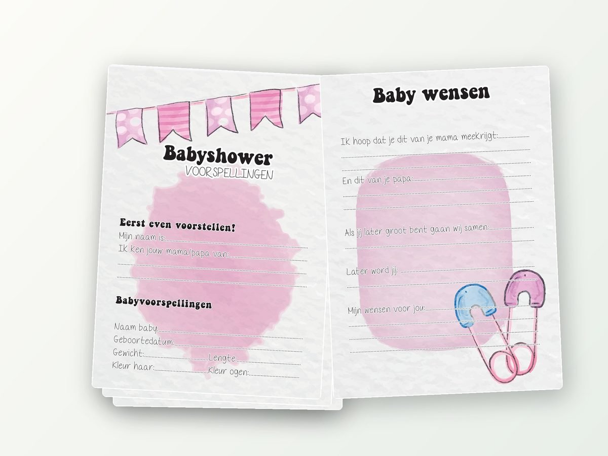 Babyshower invulkaarten XL, 2x20 A5 (roze, slingers)