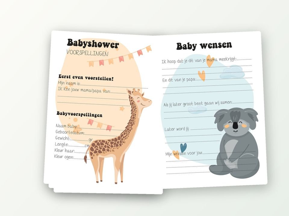 Babyshower invulkaarten XL, 2x20 A5 (giraf & koala)