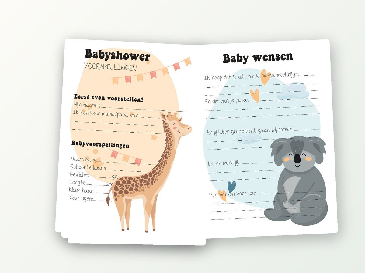 Babyshower invulkaarten XL, 2x20 A5 (giraf & koala)