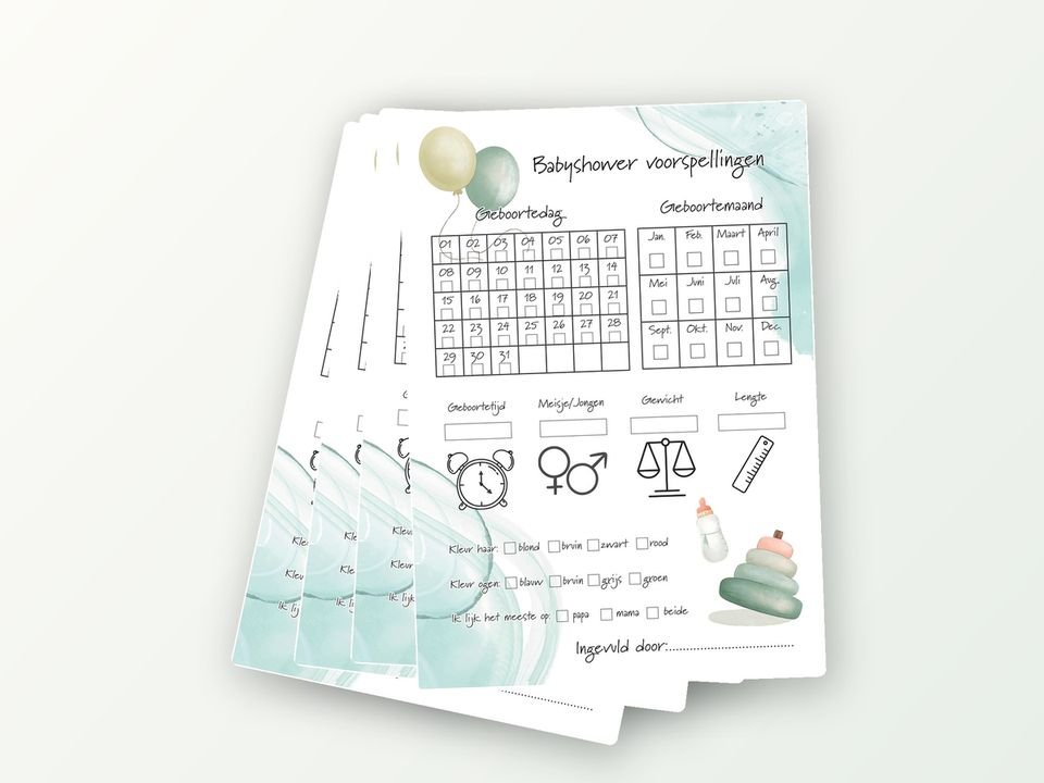Babyshower invulkaarten A5, 20 stuks (voorspelkaart, invullen)