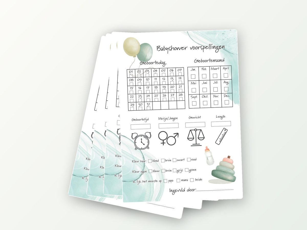 Babyshower invulkaarten A5, 20 stuks (voorspelkaart, invullen)