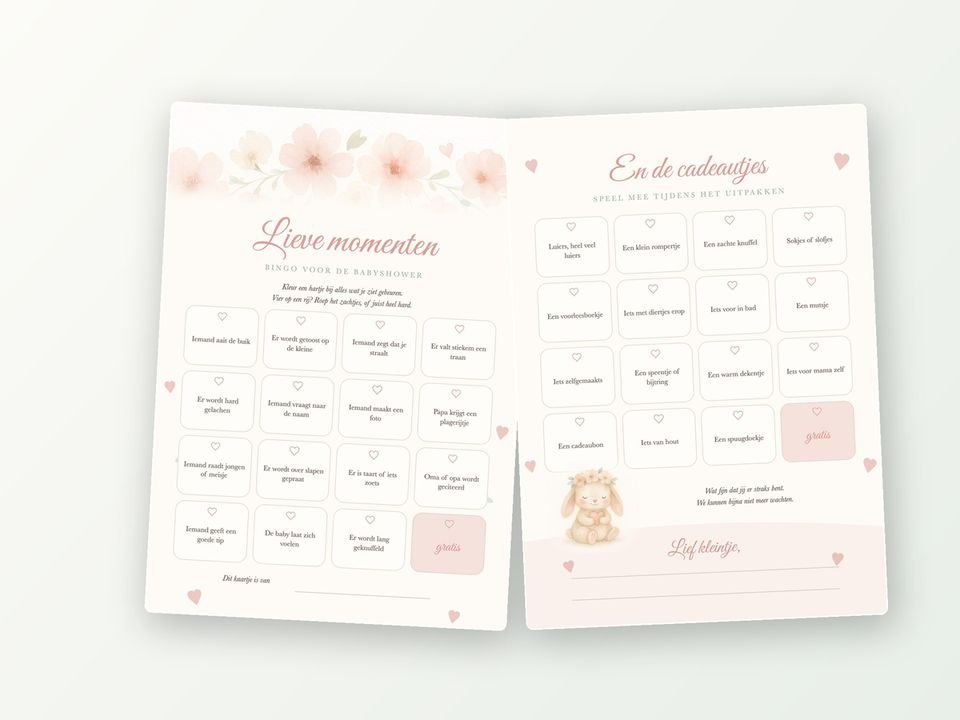Babyshower bingo A5, 20 kaarten (lieve momenten)