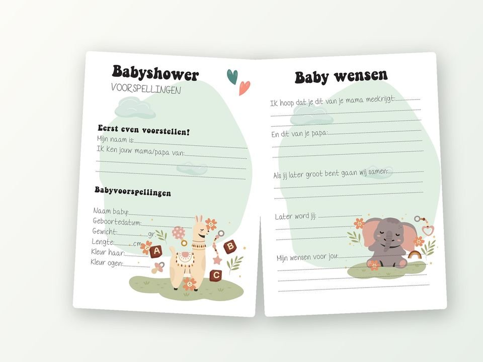 Babyshower invulkaarten A5, 20 stuks (lama & olifant)