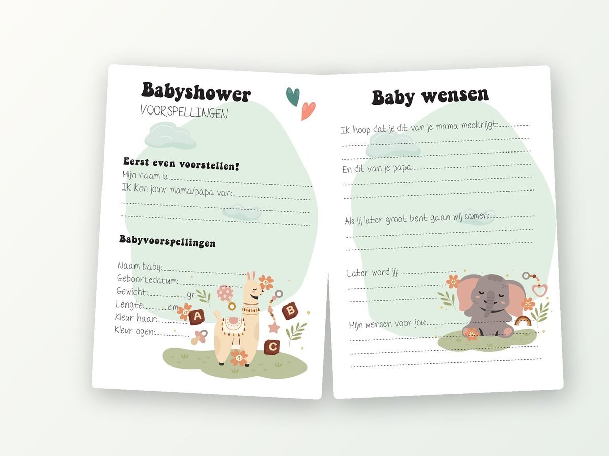 Babyshower invulkaarten A5, 20 stuks (lama & olifant)