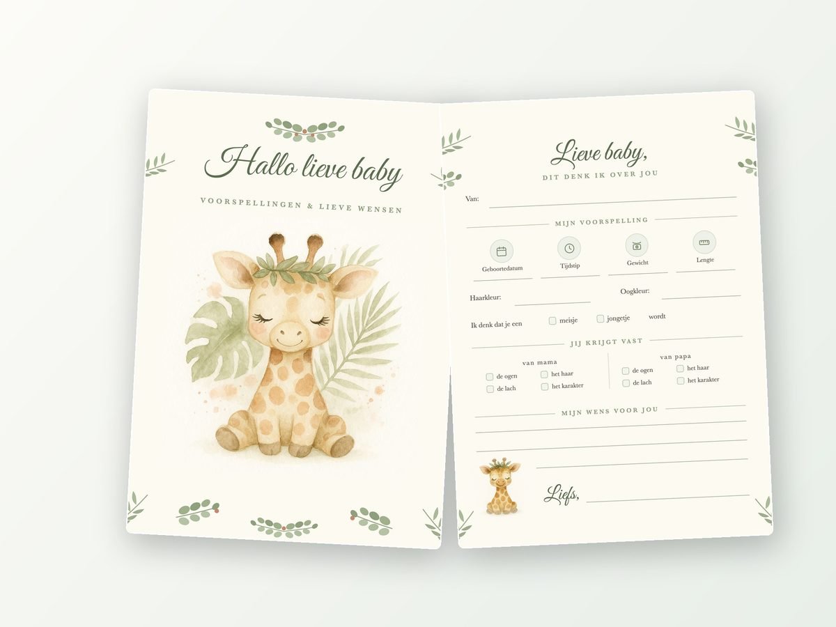 Babyshower invulkaarten A5, 20 stuks (jungle, giraffe)