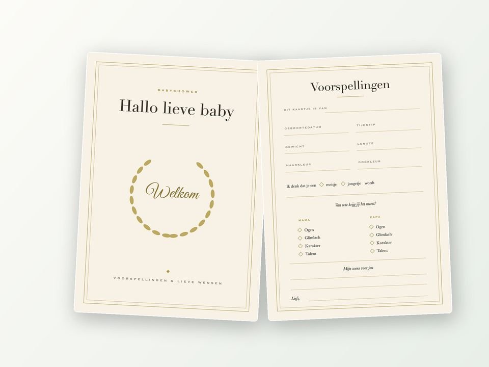 Babyshower invulkaarten A5, 20 stuks (klassiek, goud)