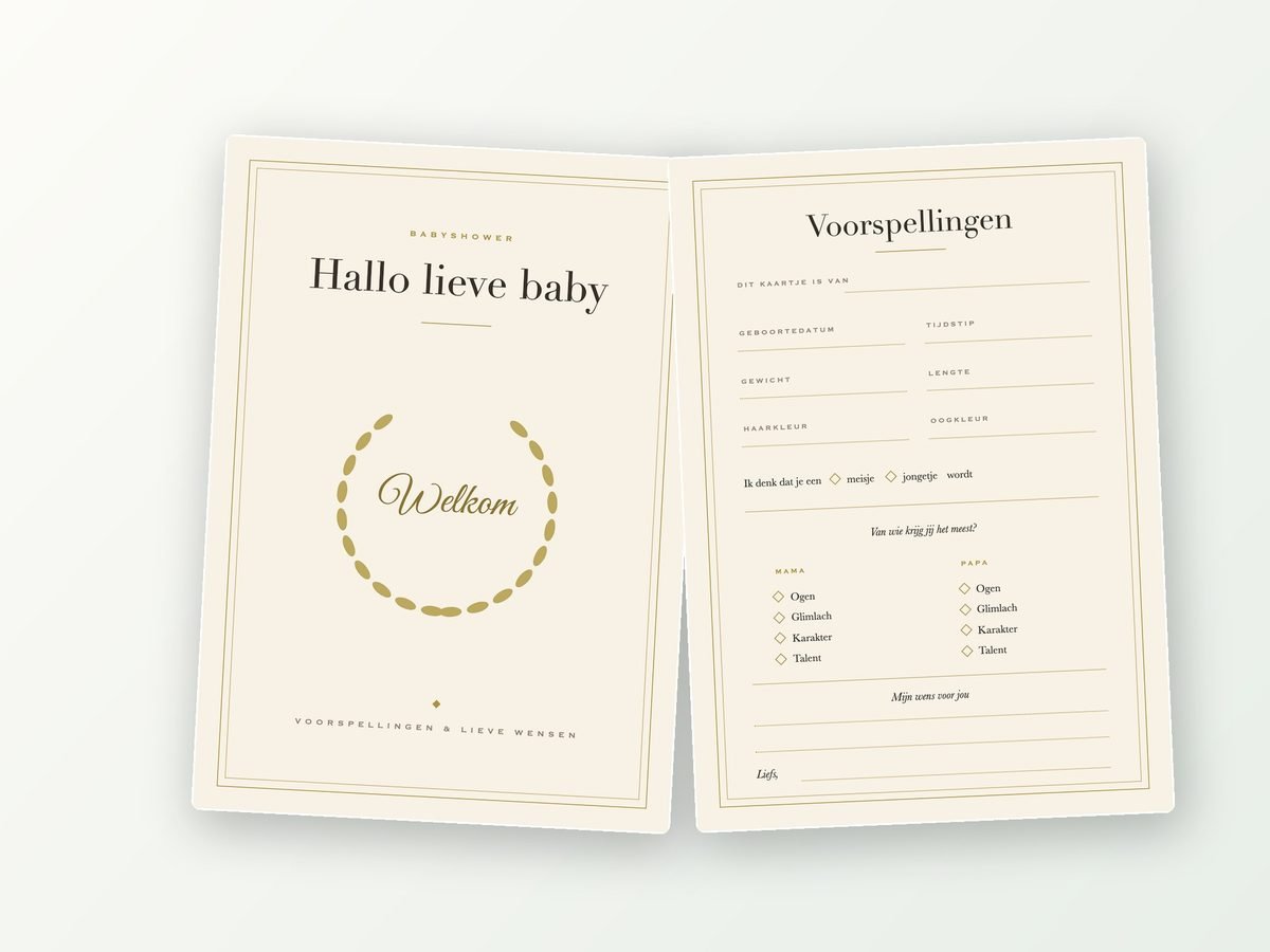 Babyshower invulkaarten A5, 20 stuks (klassiek, goud)