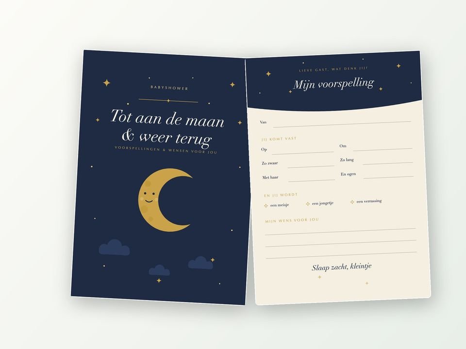 Babyshower invulkaarten A5, 20 stuks (maan, nachtblauw)