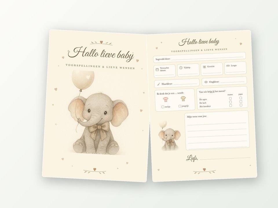 Babyshower invulkaarten A5, 20 stuks (olifantje met ballon)