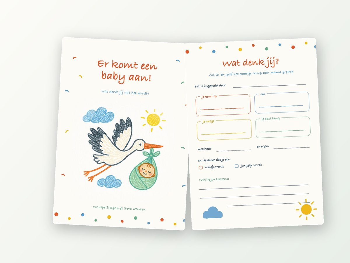 Babyshower invulkaarten A5, 20 stuks (ooievaar, kleurpotlood)