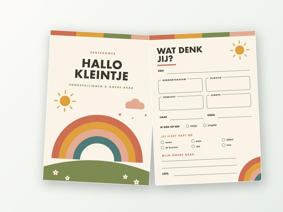 Babyshower invulkaarten A5, 20 stuks (retro regenboog)