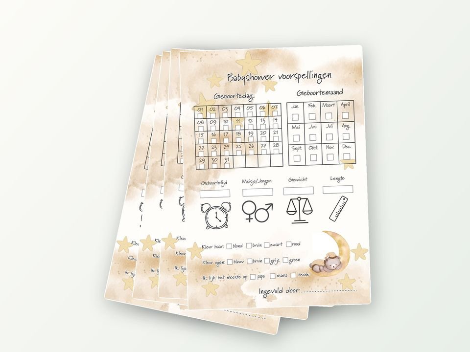 Babyshower invulkaarten A5, 20 stuks (maand en dag)
