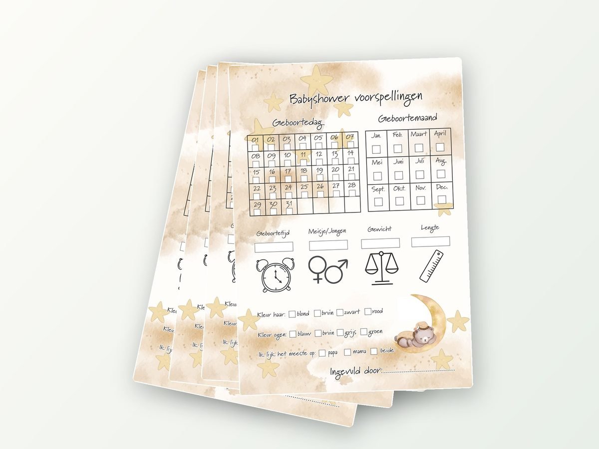 Babyshower invulkaarten A5, 20 stuks (maand en dag)
