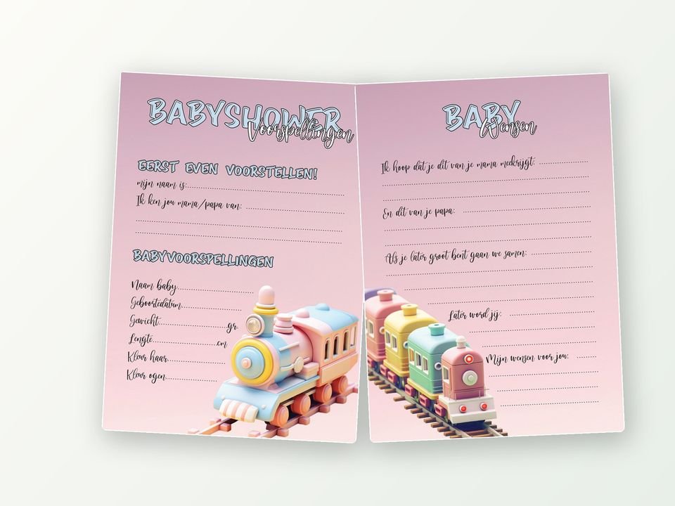 Babyshower invulkaarten A5, 20 stuks (roze treintje)