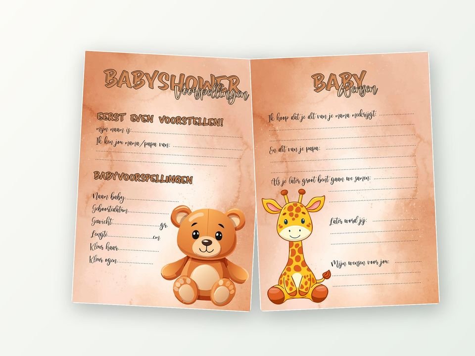 Babyshower invulkaarten A5, 20 stuks (teddybeer & giraf)