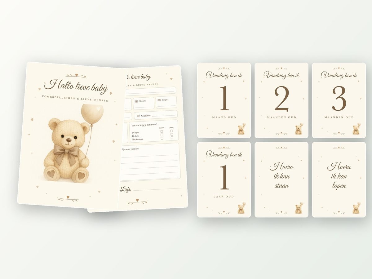Babyshower pakket: 20 invulkaarten + 24 milestone kaarten A5 (beertje met ballon)