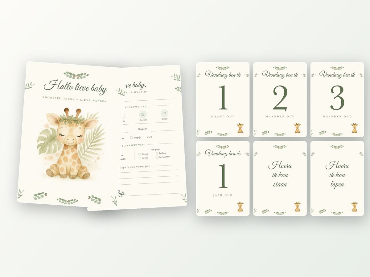 Babyshower pakket: 20 invulkaarten + 24 milestone kaarten A5 (jungle-giraf)