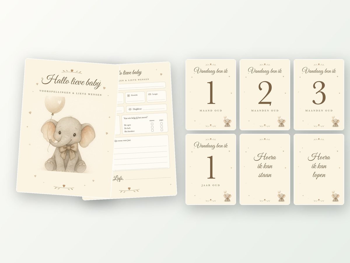Babyshower pakket: 20 invulkaarten + 24 milestone kaarten A5 (olifantje met ballon)