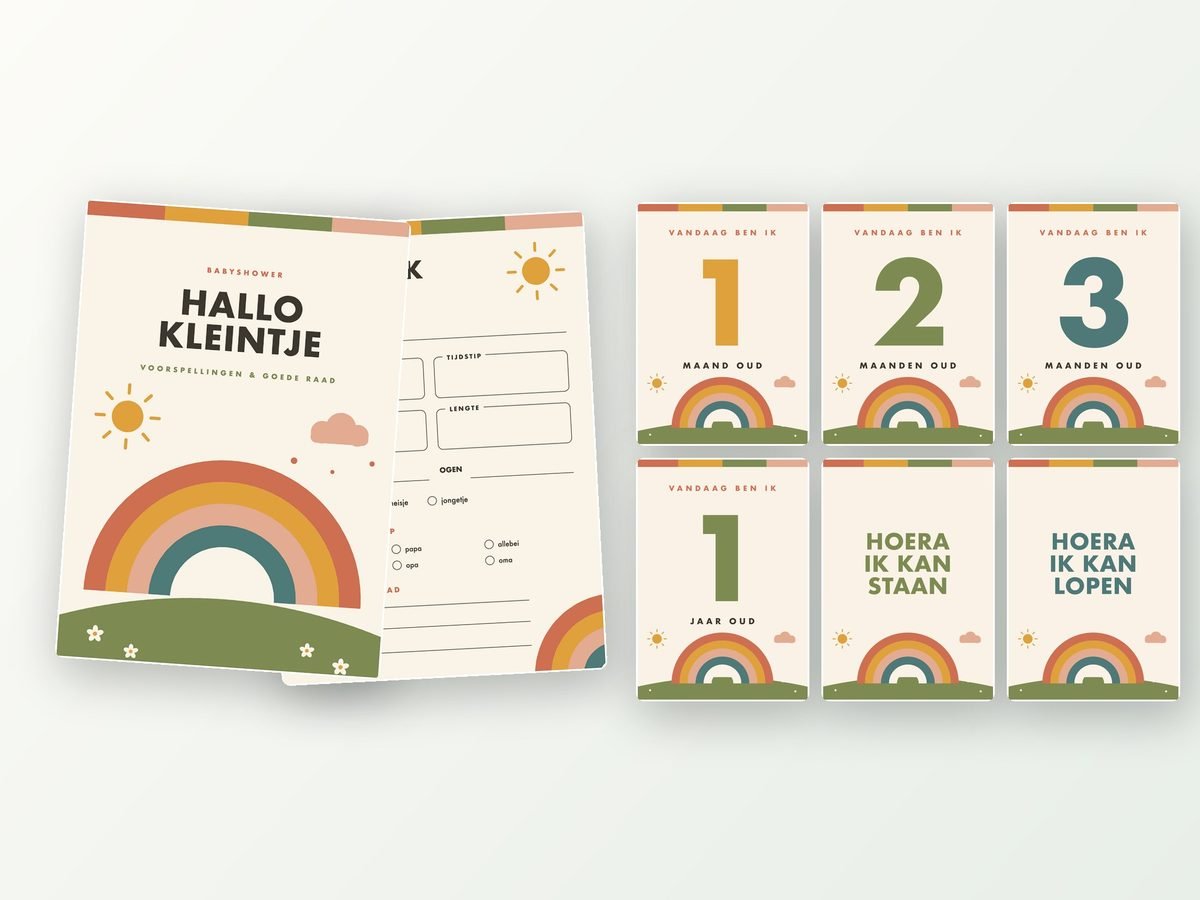 Babyshower pakket: 20 invulkaarten + 24 milestone kaarten A5 (retro regenboog)