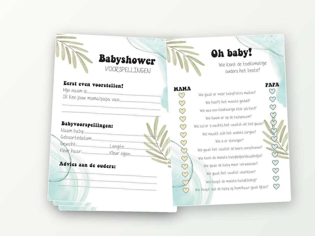 Babyshower quiz XL, 2x20 A5-kaarten (eucalyptus)